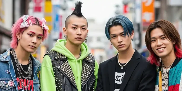 Four young men in Harajuku street fashion posing in a half close-up on a Tokyo street.