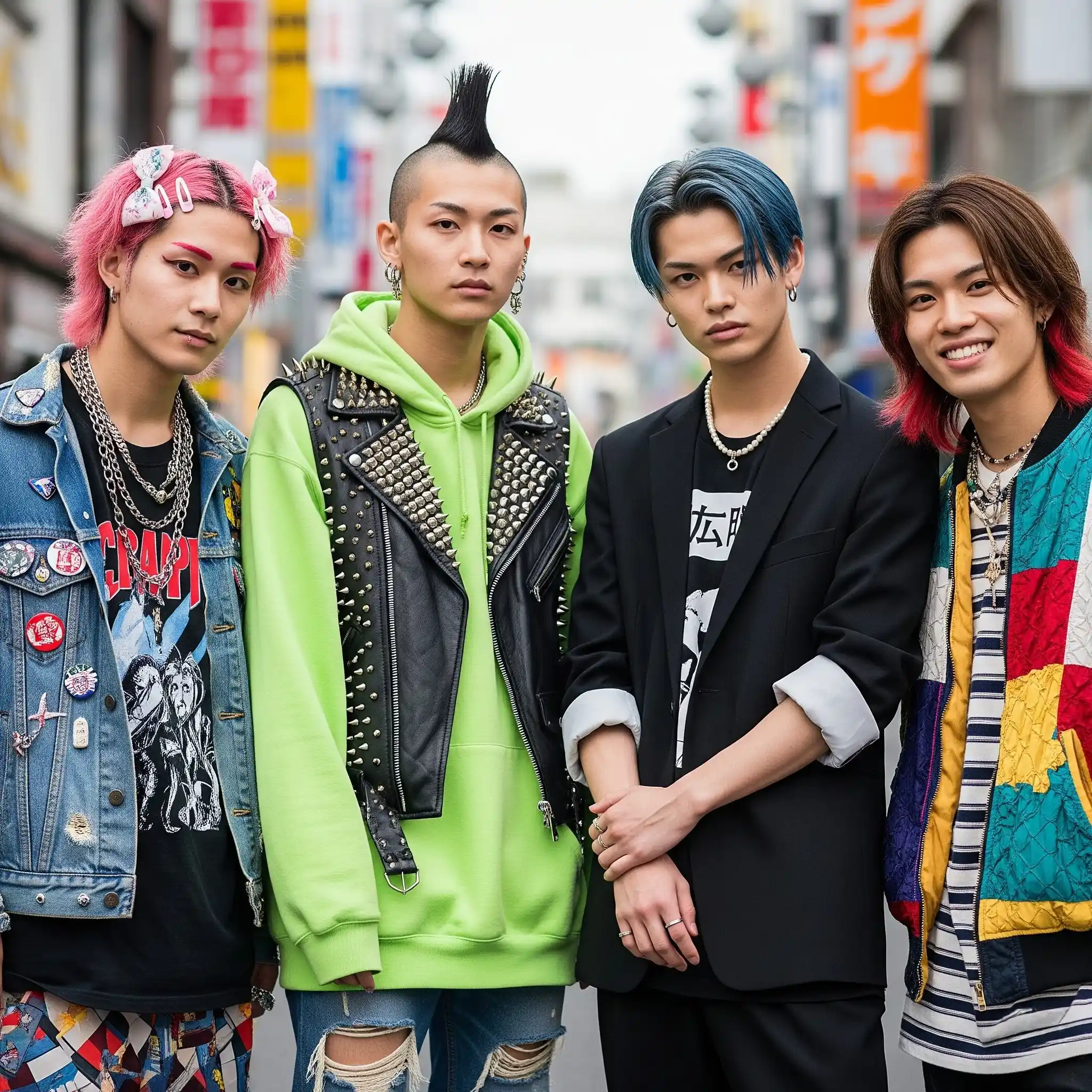 Empat pria muda dengan busana Harajuku berpose close-up di jalan Tokyo.