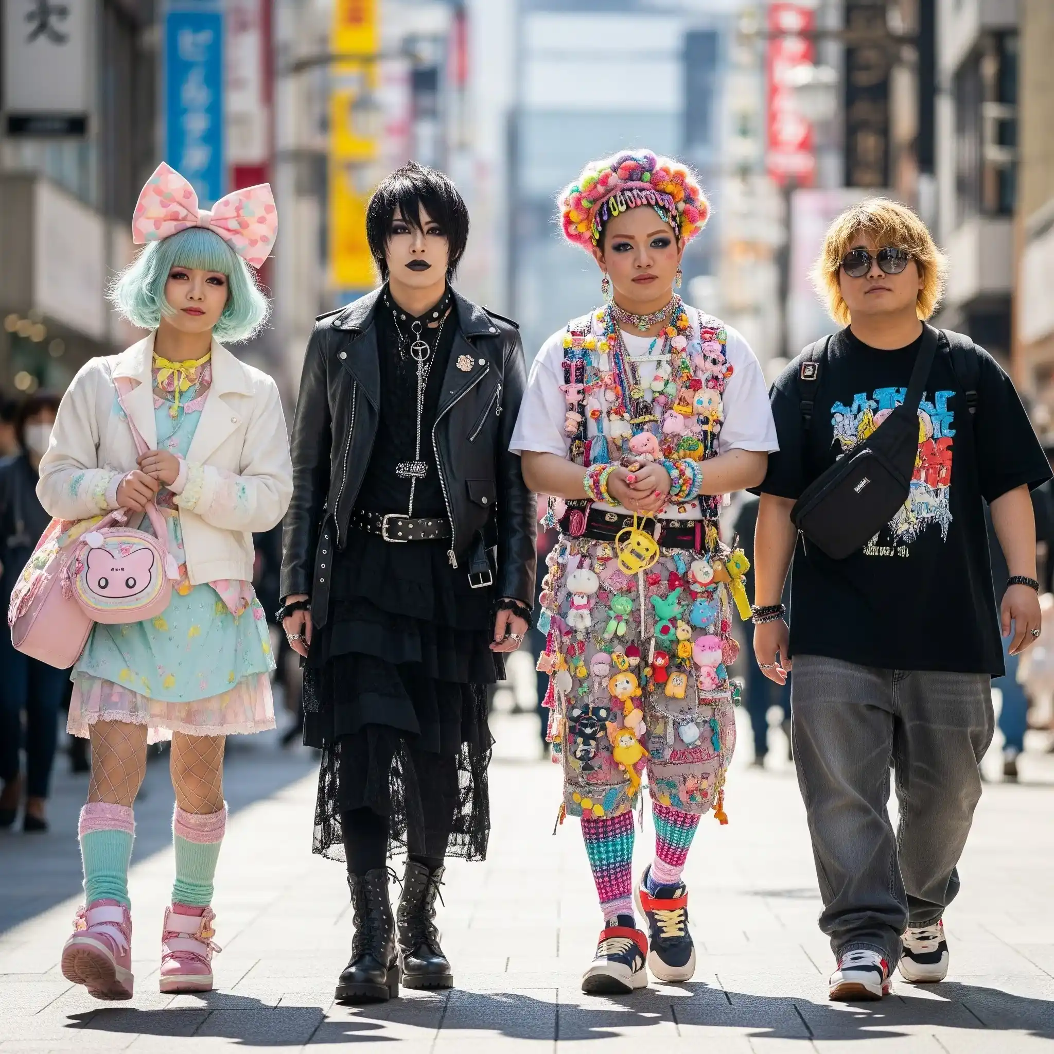 Sekelompok pria muda dengan berbagai gaya Harajuku berjalan di Tokyo.