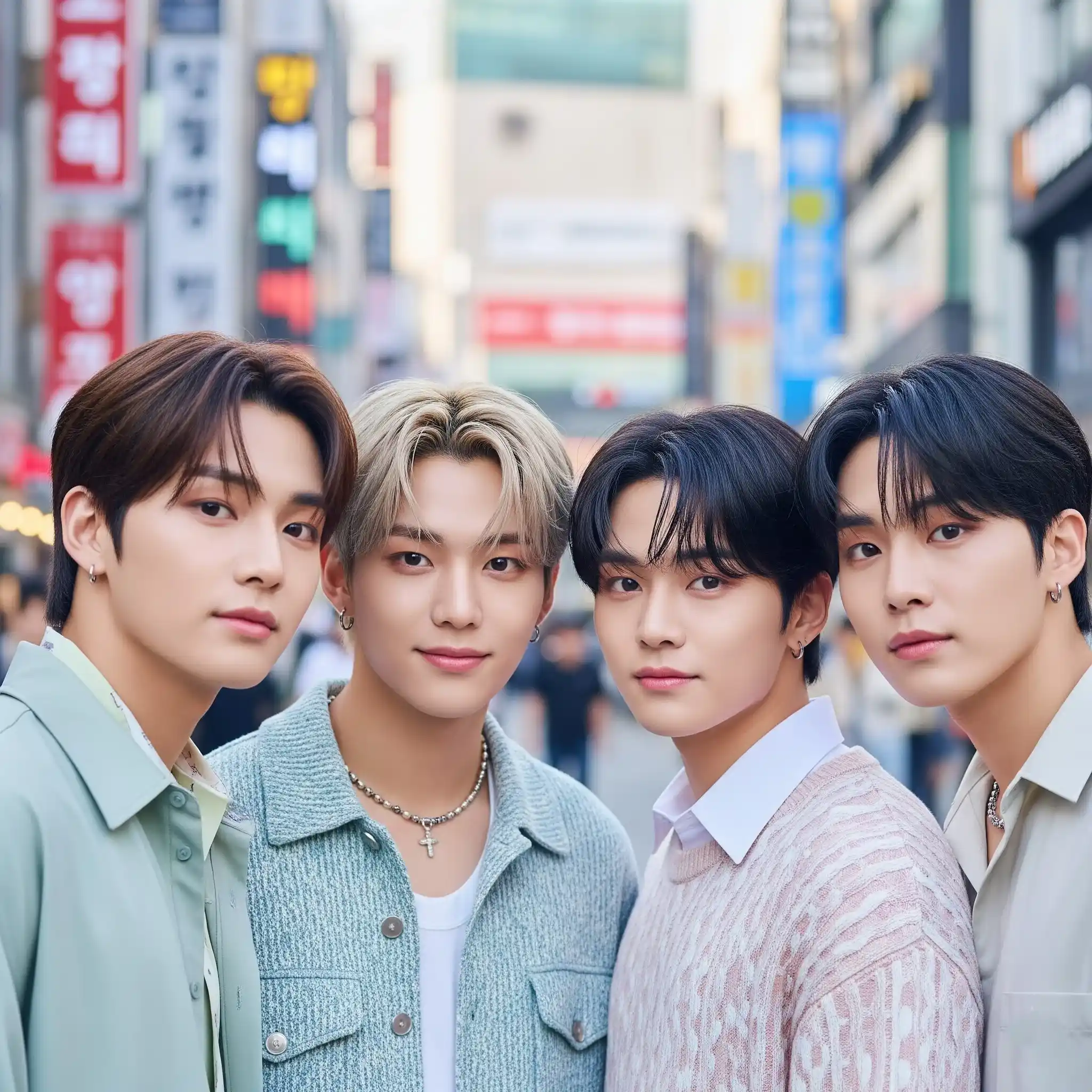 Close-up of four young Korean men with radiant skin and trendy outfit in Seoul.