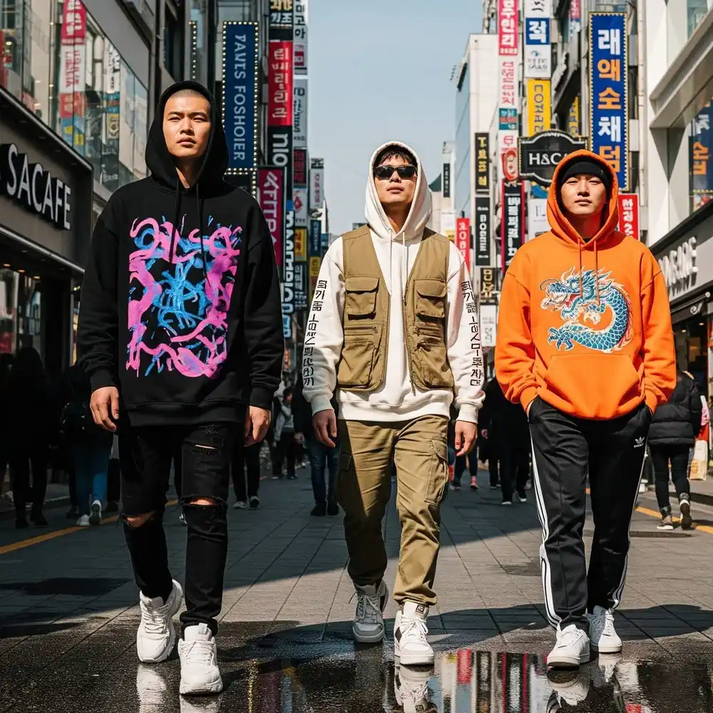 Korean men in oversized streetwear with bold prints in Seoul.