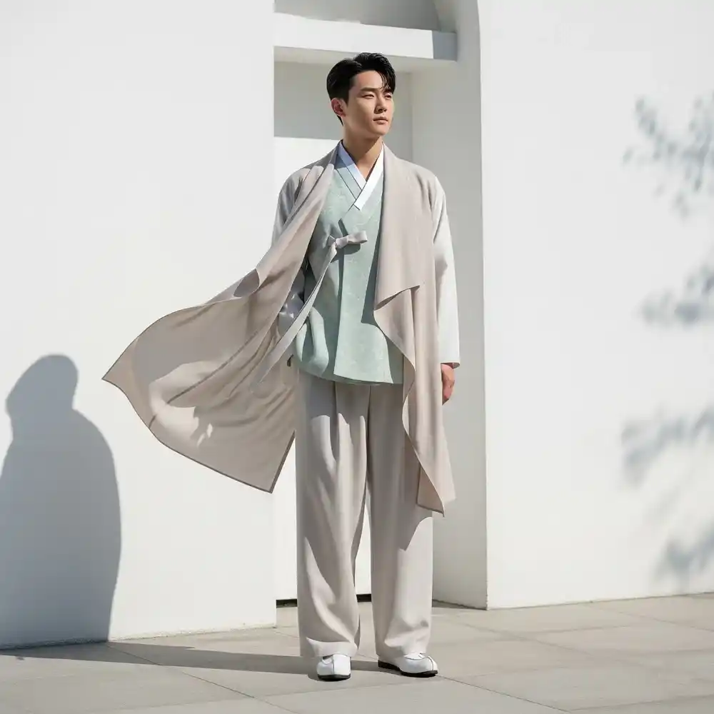 Korean man in modern hanbok fusion with pastel and neutral tones.