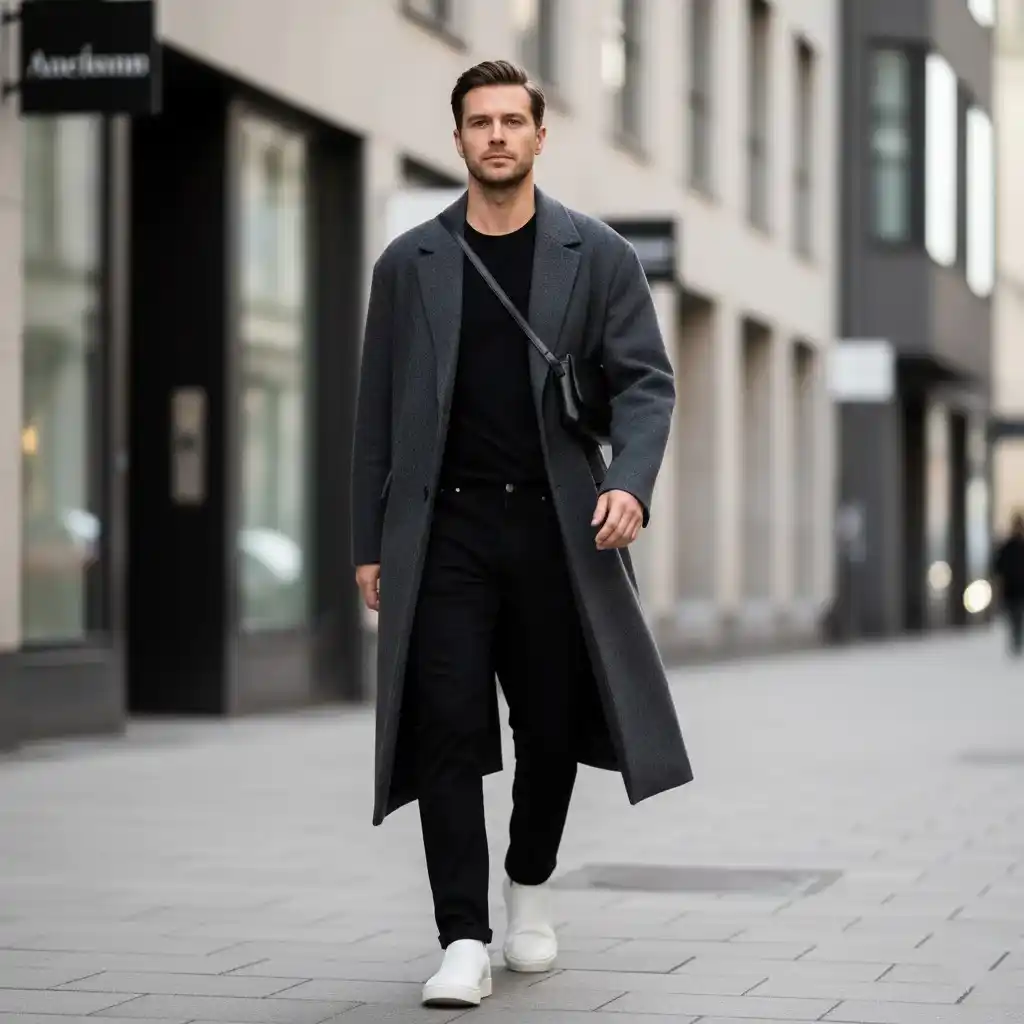 Man in minimalist street style walking in a Scandinavian city.