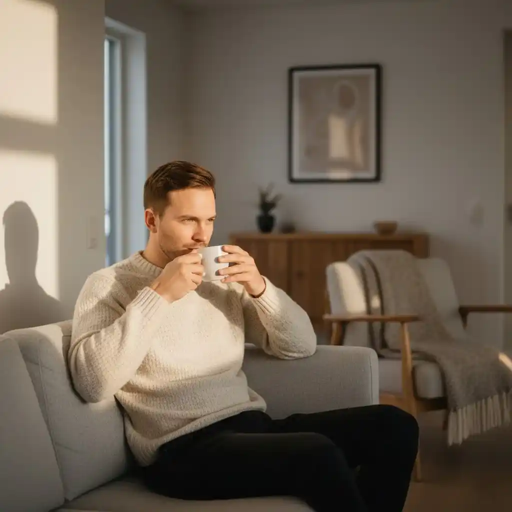 Man in a knit sweater drinking coffee in a cosy minimalist setting.