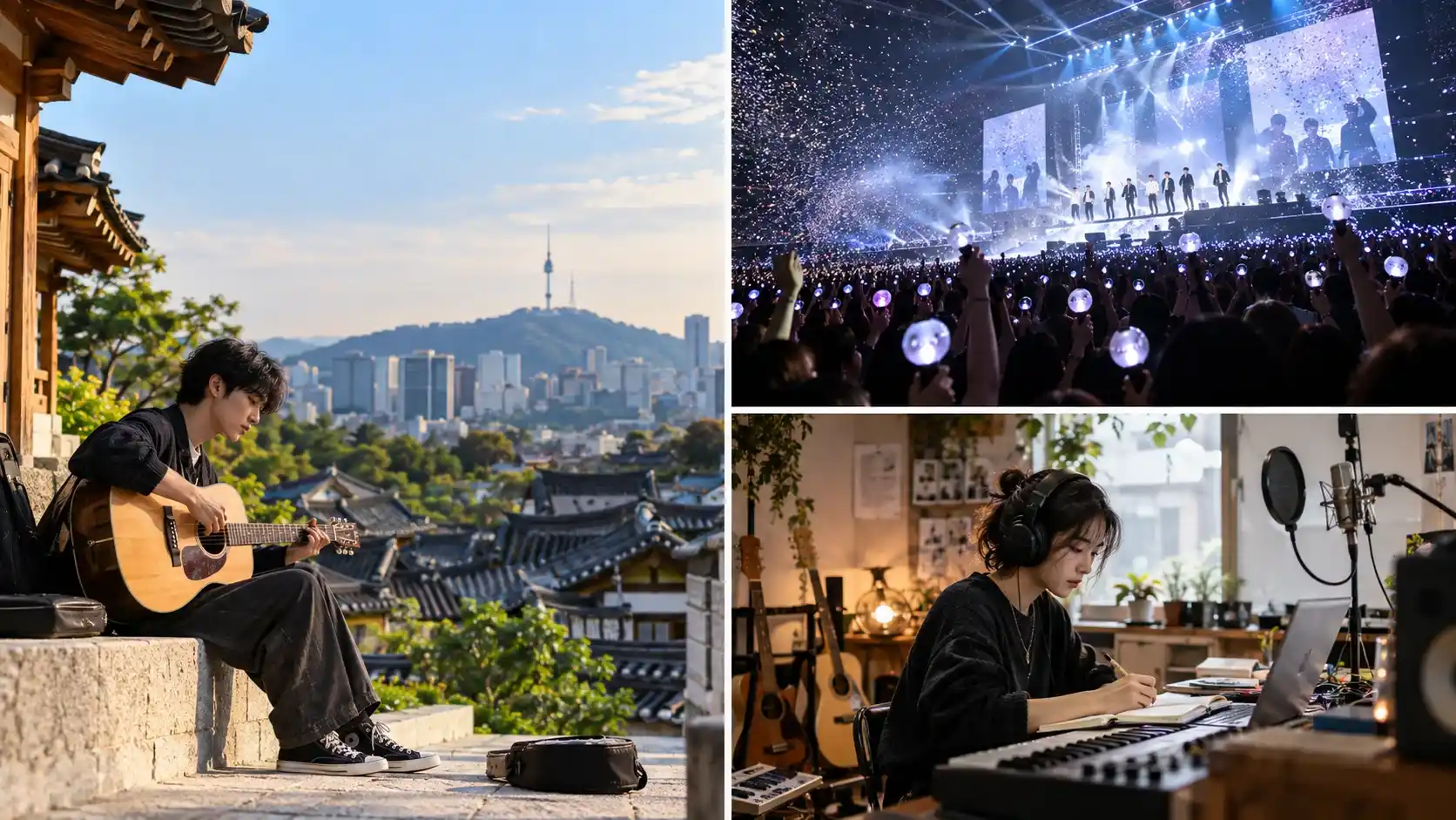 Collage showing South Korean music culture with a guitarist beside traditional Korean architecture, a large K-pop concert and a musician working in a home recording studio.