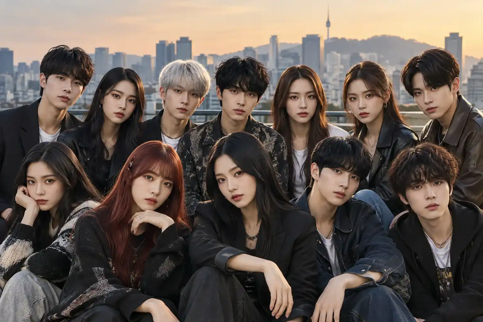 Group of young South Korean music artists posing together on a rooftop with Seoul’s skyline in the background.