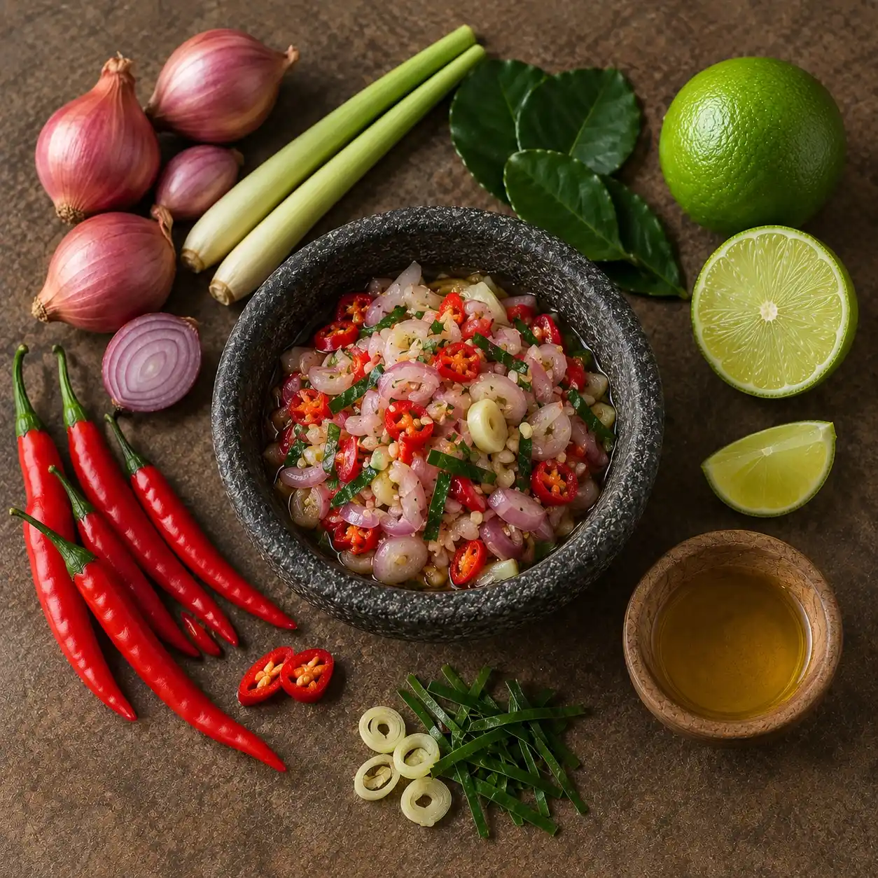 Sambal Matah dalam mangkuk batu, dikelilingi bawang merah, serai, cabai merah, daun jeruk purut, jeruk nipis dan minyak kelapa.