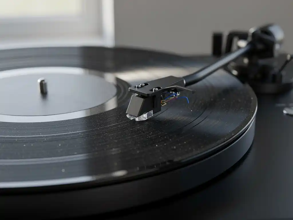 Close-up piringan hitam yang diputar di turntable dengan detail alur terlihat.