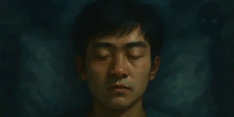 A man sleeping peacefully while eerie shadow figures with glowing eyes loom in the dark background, symbolising unsettling dreams.