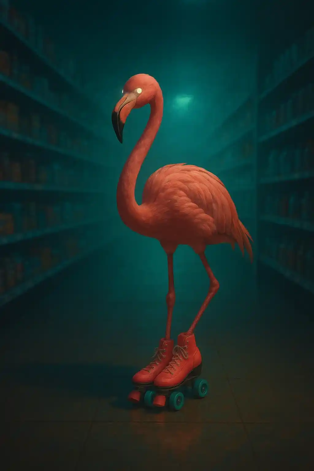 Seekor flamingo surreal mengenakan sepatu roda di lorong toko gelap, dengan mata bercahaya dan bulu merah muda lembut.
