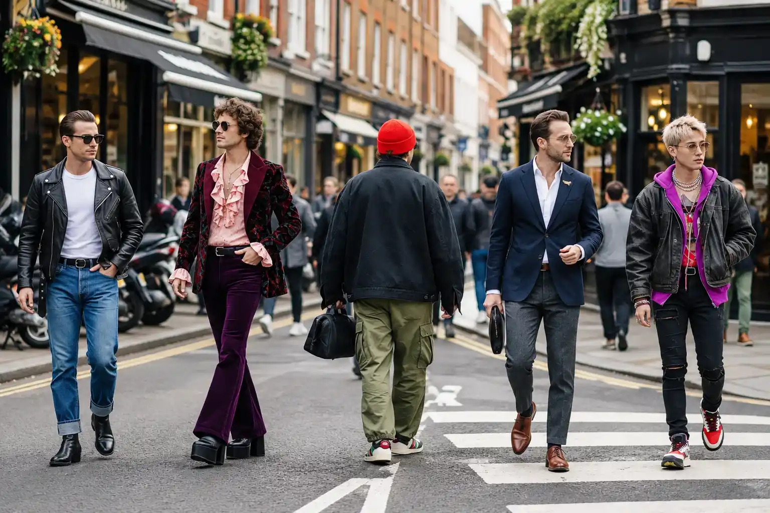 A busy city crosswalk scene with five stylish men wearing fashion from different decades – from a 1950s leather jacket to a 2020s K-pop-inspired look – as they move naturally through the street, surrounded by cafes, scooters and passersby.