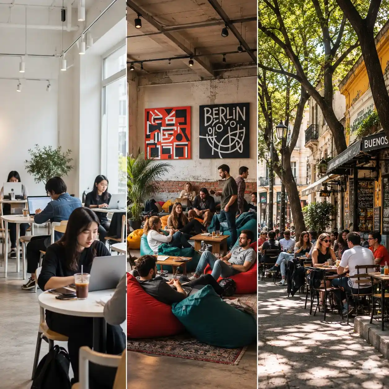 Gambar tiga bagian yang menunjukkan kafe di Seoul, Berlin, dan Buenos Aires – masing-masing dengan suasana unik, dari minimalis hingga industrial dan gaya lokal terbuka.