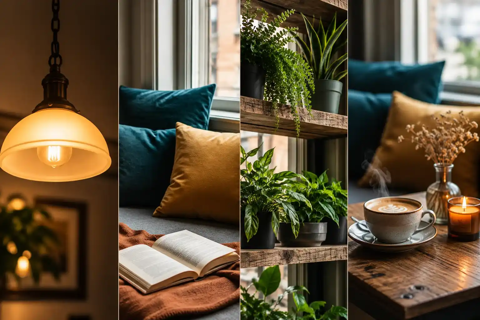 Gambar empat bagian yang menampilkan lampu hangat, sudut baca, tanaman indoor, dan kopi dengan lilin – semua menciptakan suasana nyaman dan kreatif.