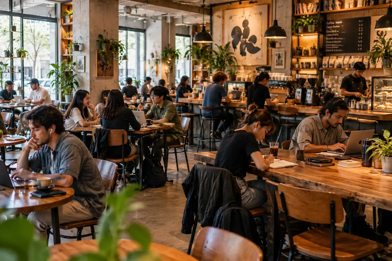 Sebuah kafe yang ramai dan kreatif: anak-anak muda bekerja dengan laptop, menggambar, dan mengobrol sambil menikmati kopi di ruang yang terang dan nyaman.