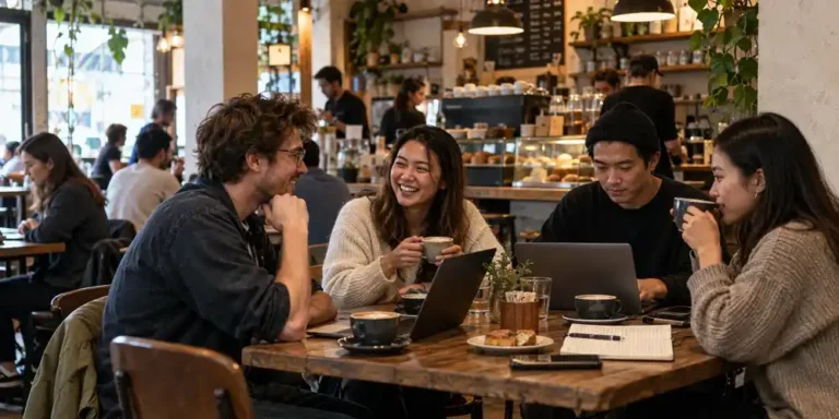 Young adults working and socialising in a cosy modern café with warm lighting and coffee on the table.