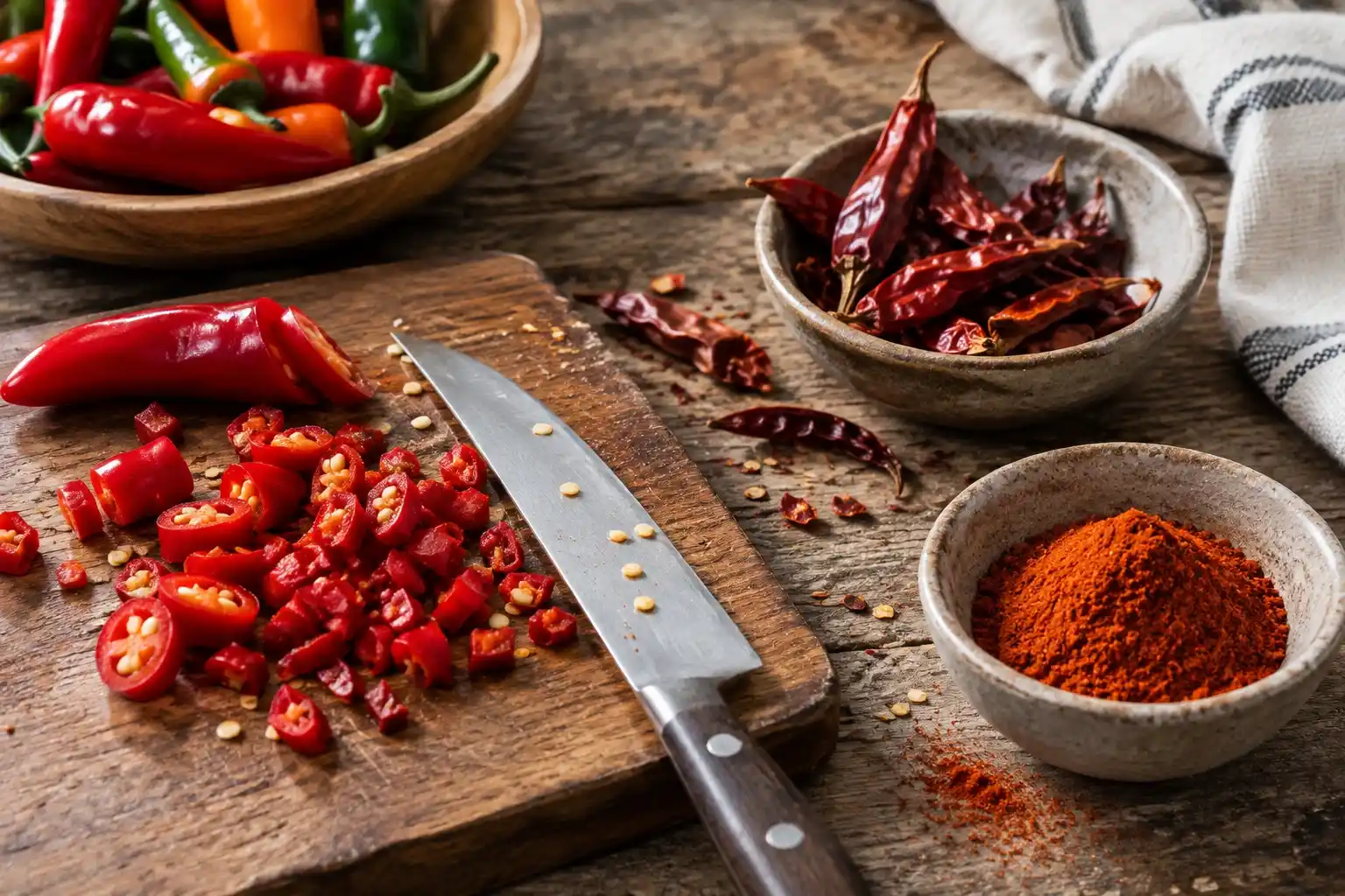 Fresh chillies being chopped beside dried chillies and ground chilli powder, showing how peppers are transformed into different forms for cooking.