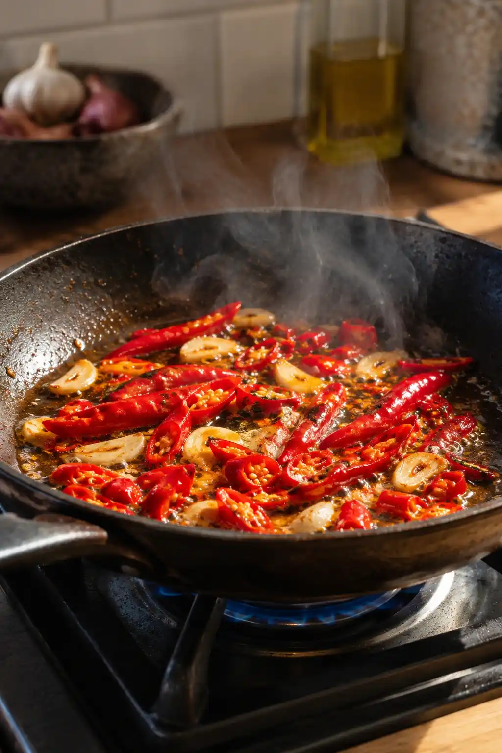 Red chillies and sliced garlic sizzling in hot oil in a dark pan, with steam rising as they cook over a gas flame.