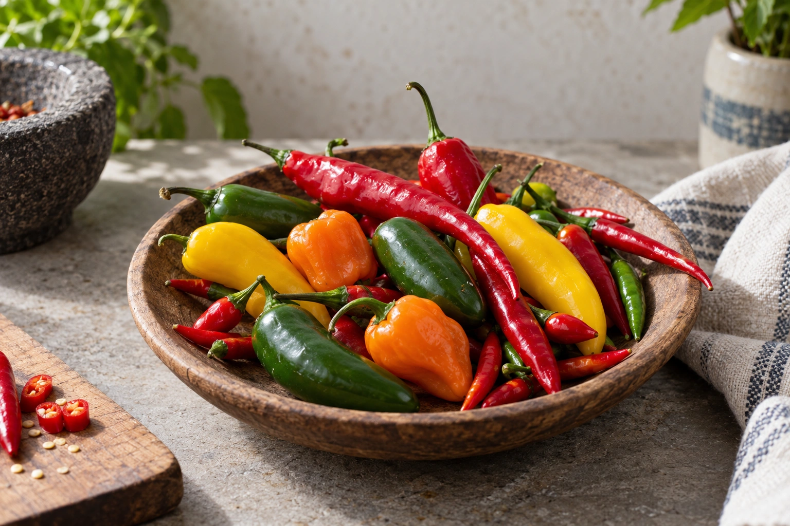 Colourful fresh chilli peppers in red, green, yellow and orange, piled together to show the variety of peppers used in dishes around the world.