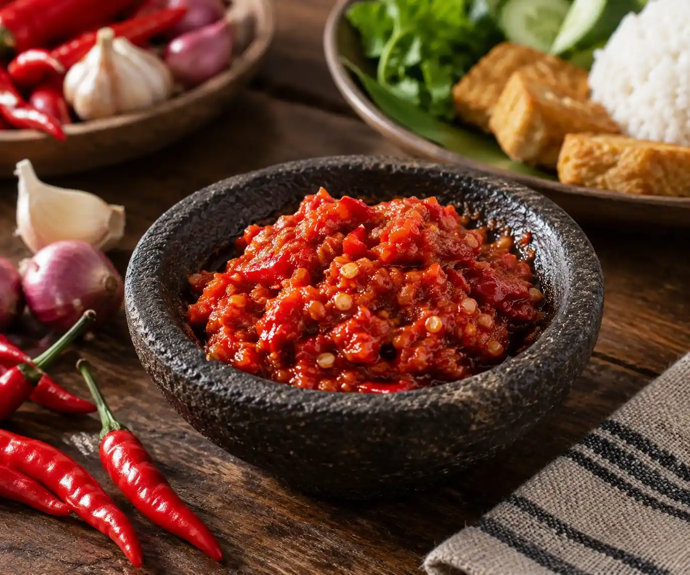 Indonesian sambal made from crushed red chillies, served in a traditional stone bowl with fresh chillies, garlic and shallots nearby.
