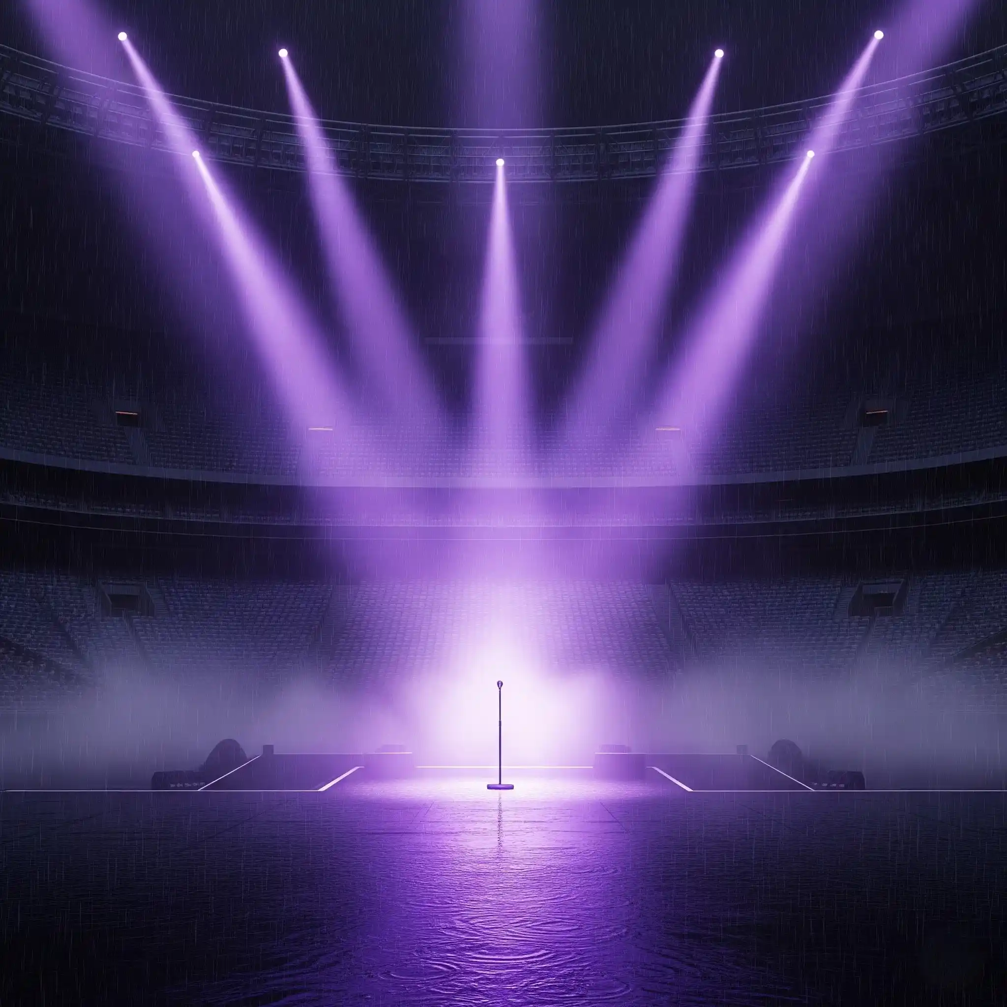Panggung stadion yang kosong di tengah hujan deras, disinari oleh lampu sorot ungu yang dramatis.