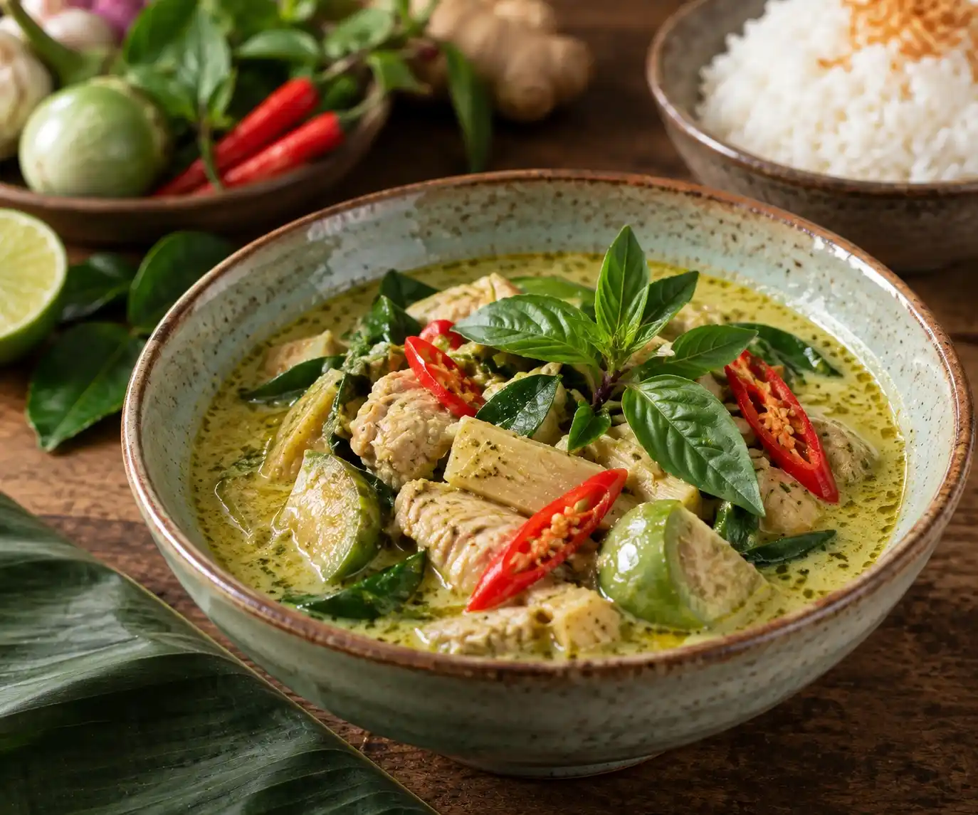 Thai green curry with chicken, green eggplant, bamboo shoots, red chillies and Thai basil in a creamy coconut sauce.