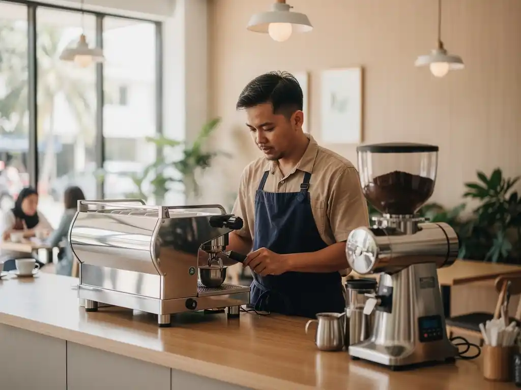 Barista menggiling biji kopi segar di sebuah kafe.