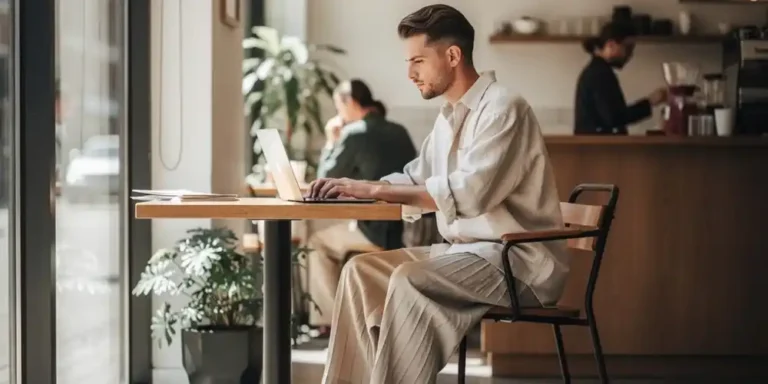 Man working in a café wearing relaxed coffee shop fashion style.