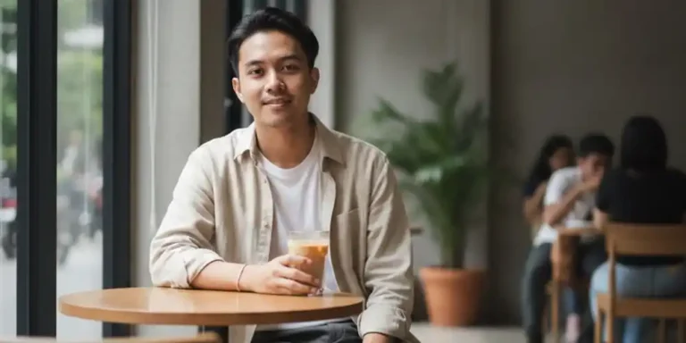 Pria Gen Z memegang kopi dingin di kafe modern pada siang hari.