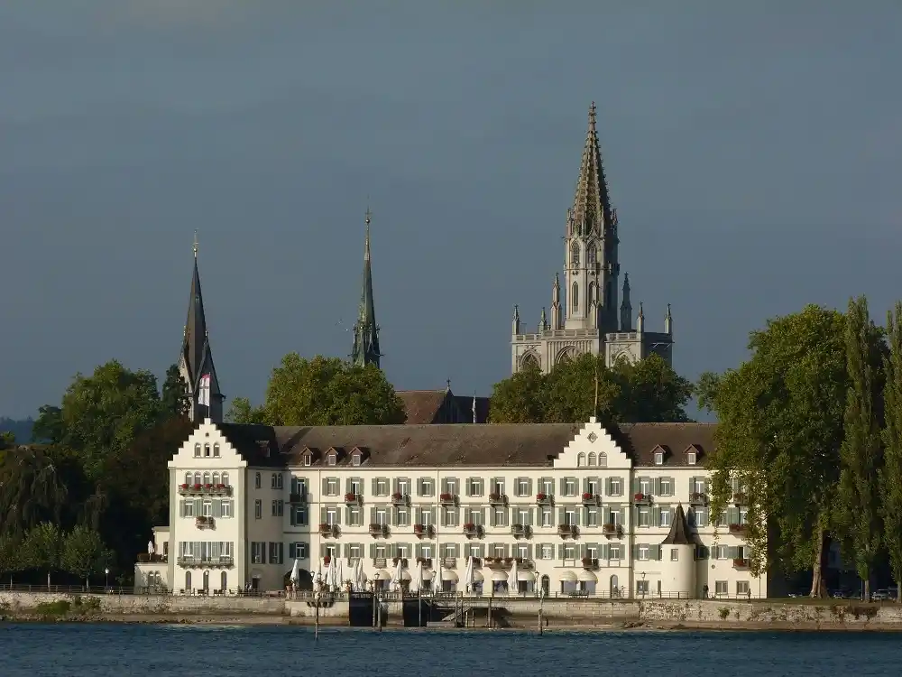Historic waterfront buildings and church towers in Konstanz on Lake Constance.