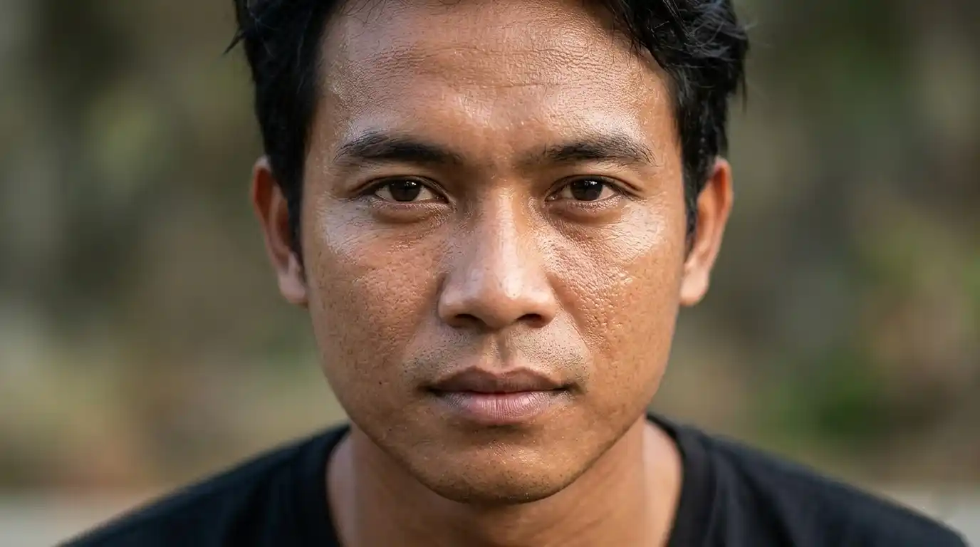 Close-up wajah pria dengan tekstur kulit natural.