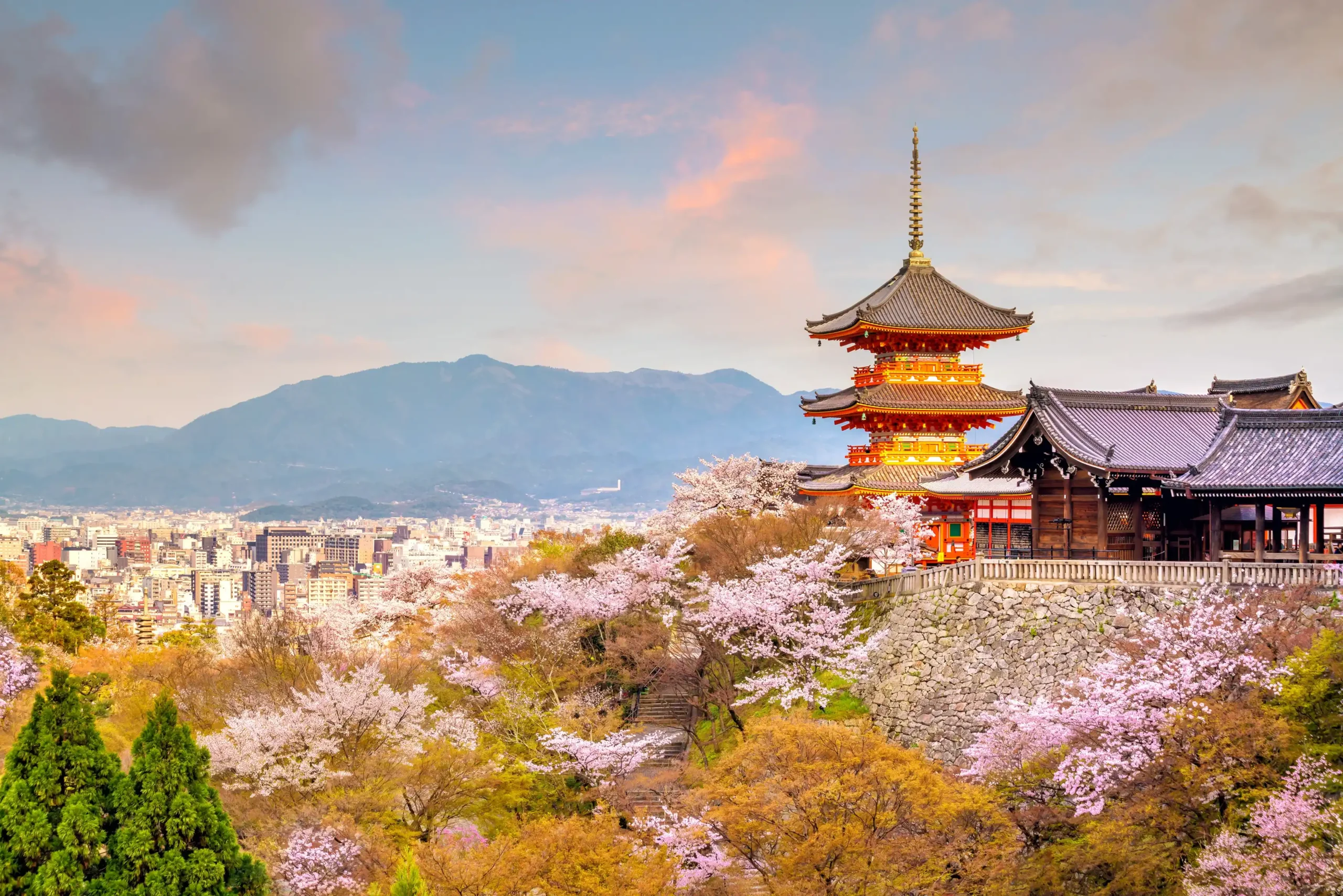 Kiyomizu-dera temple in Kyoto surrounded by cherry blossoms with city skyline in the background.