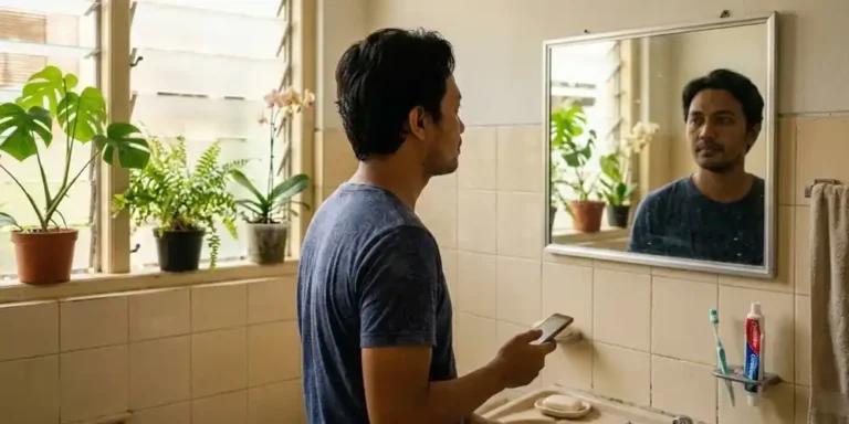 Pria melihat wajahnya di cermin kamar mandi dengan cahaya pagi.