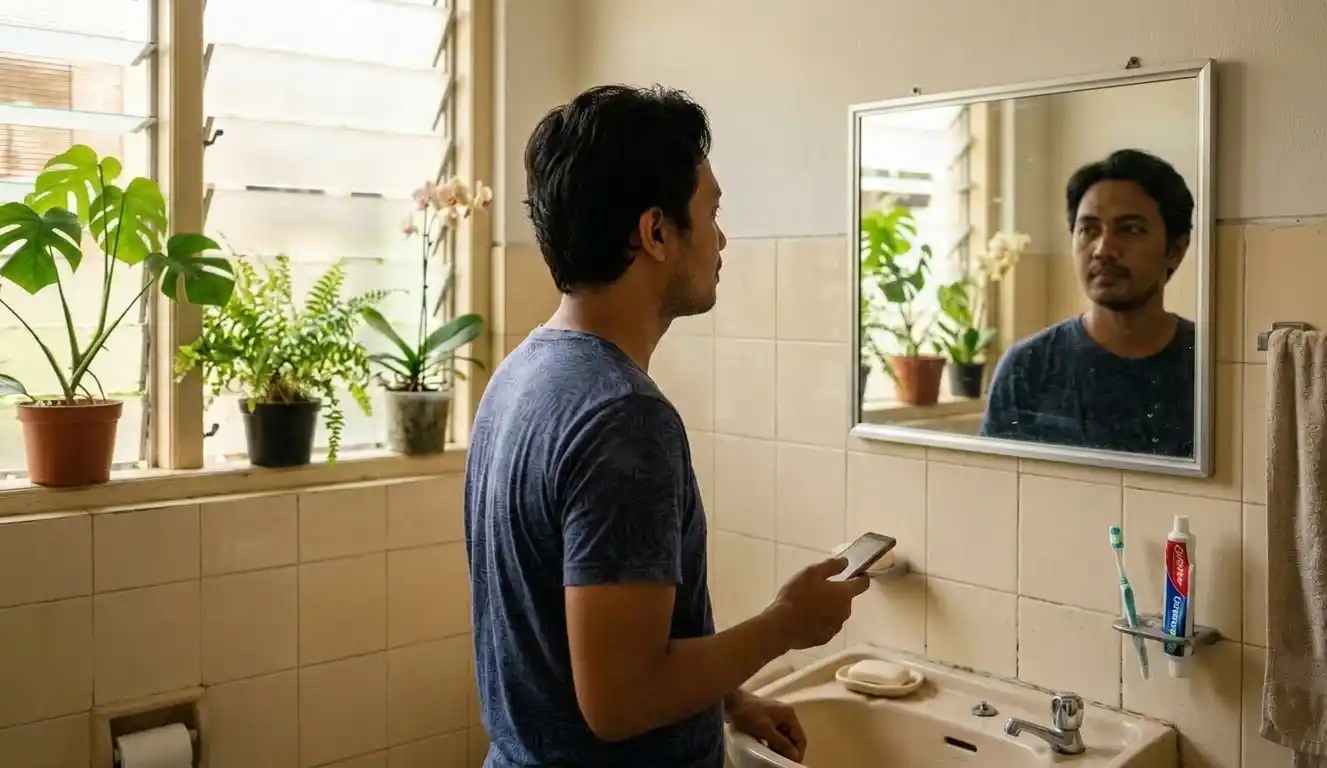Pria melihat wajahnya di cermin kamar mandi dengan cahaya pagi.