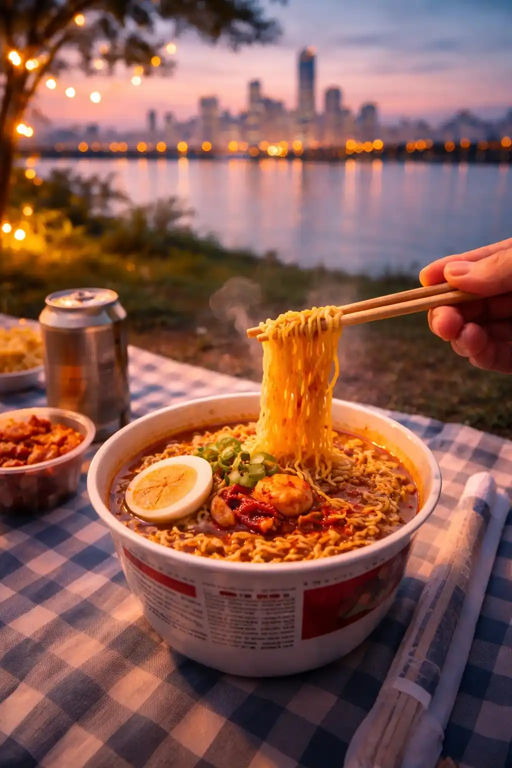 Mangkuk Ramyeon instan dengan sumpit di tepi Sungai Han di Seoul.