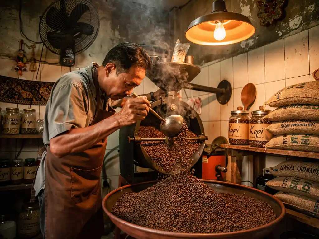 Roaster memeriksa biji kopi selama proses roasting.