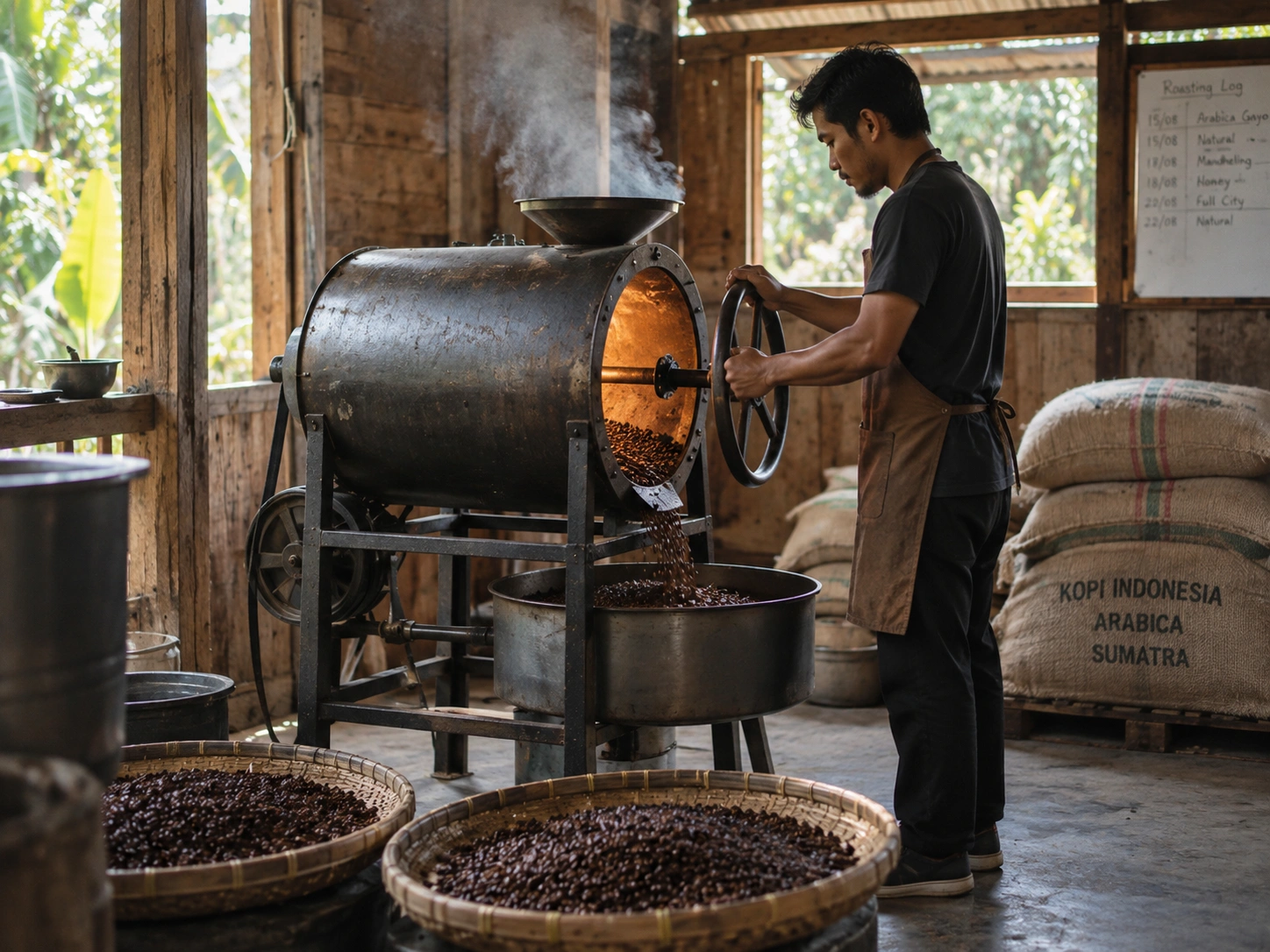 Seorang pria sedang menyangrai biji kopi menggunakan mesin sangrai drum di sebuah tempat pemanggangan kopi sederhana, dengan asap mengepul dan biji kopi matang ditampung dalam wadah bambu.