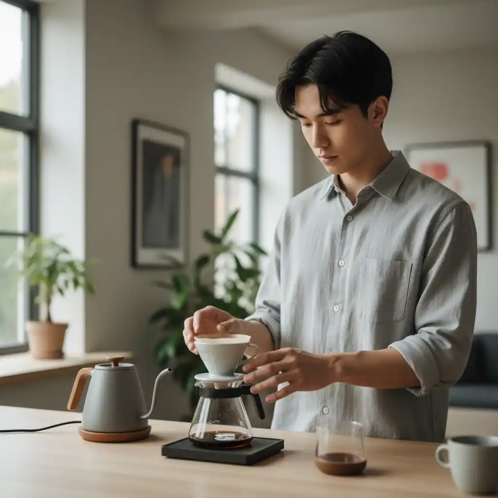 Pria Gen Z menyiapkan kopi di rumah pada siang hari.
