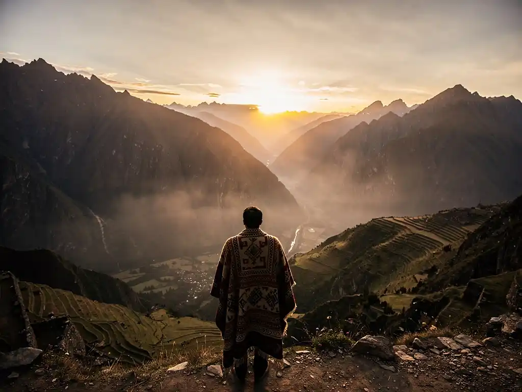 Man wearing traditional poncho overlooking the Andes mountains at sunset.