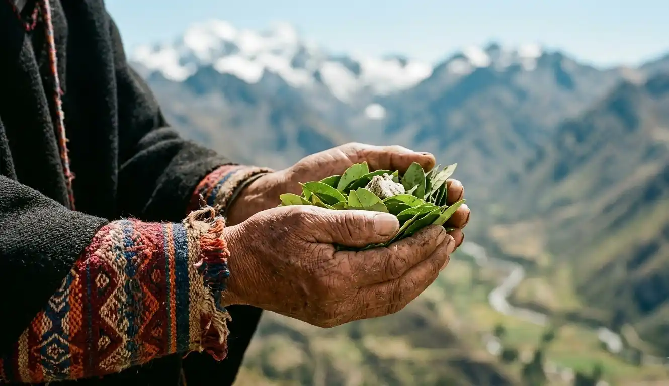 Quechua hands holding coca leaves during a traditional Andean ritual.