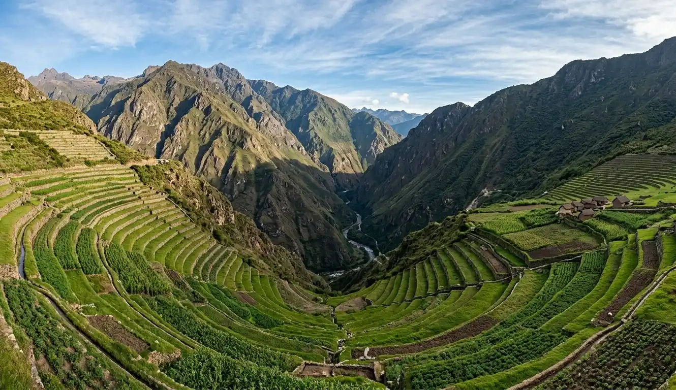 Terraced farming fields in the Andes mountains of Peru.