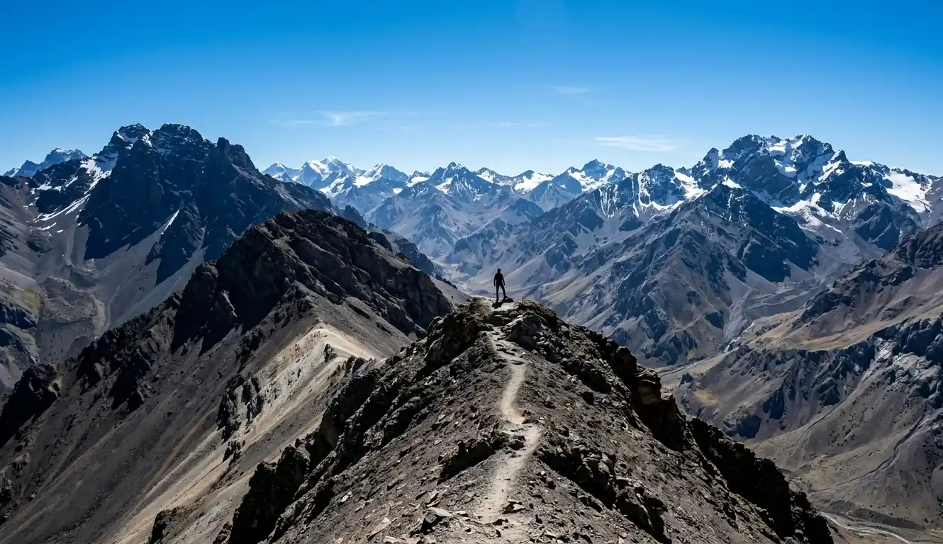Small human silhouette standing on a ridge in the Andes mountains with vast landscape.
