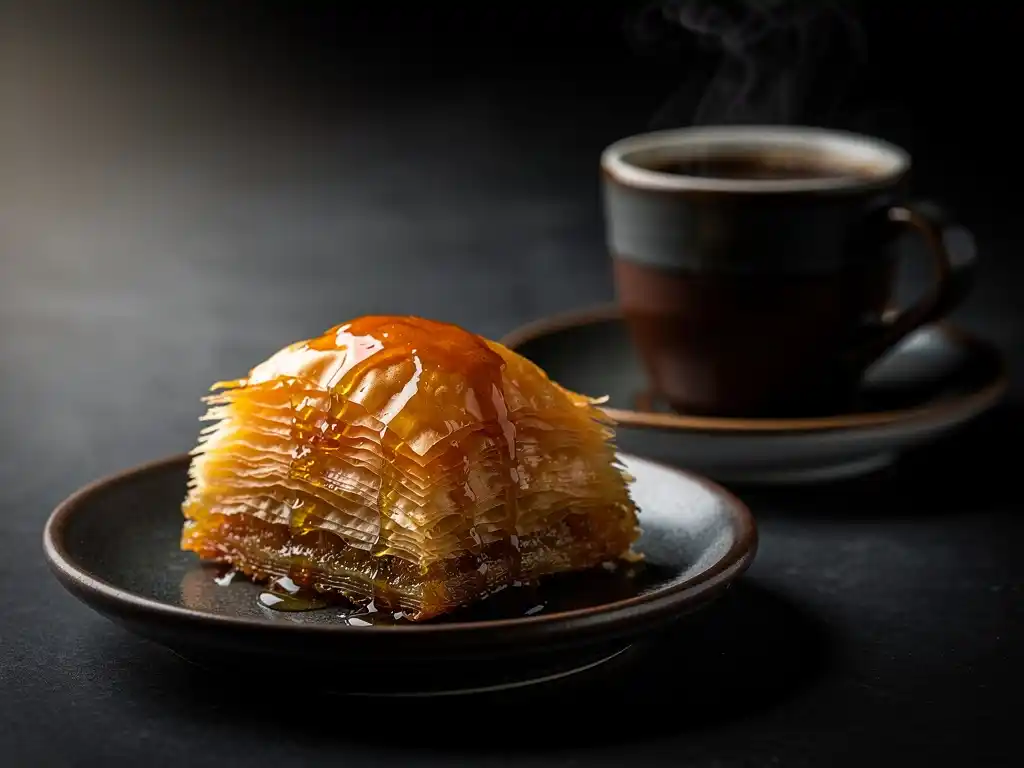 Baklava with pistachio and syrup served next to Turkish coffee.