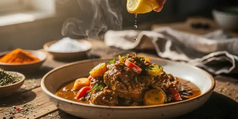 Hand squeezing lemon over a plated dish to enhance flavour balance with salt, fat and acidity.