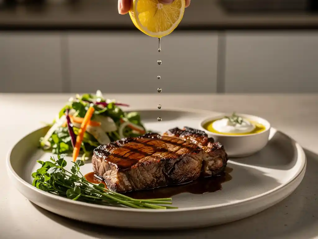Lemon juice being squeezed over grilled meat with fresh herbs and yoghurt on the side, showing how acidity balances rich food.