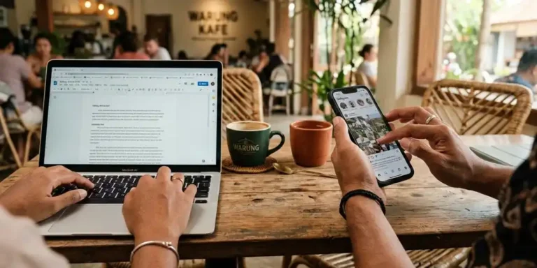 Dua orang duduk berdampingan di kafe, terlihat dari tangan saat menggunakan laptop dan smartphone.