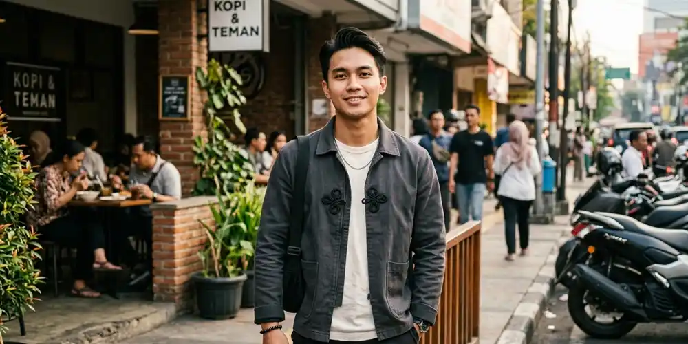Pria memakai jaket dengan detail Chinese knot yang terlihat jelas di bagian depan.