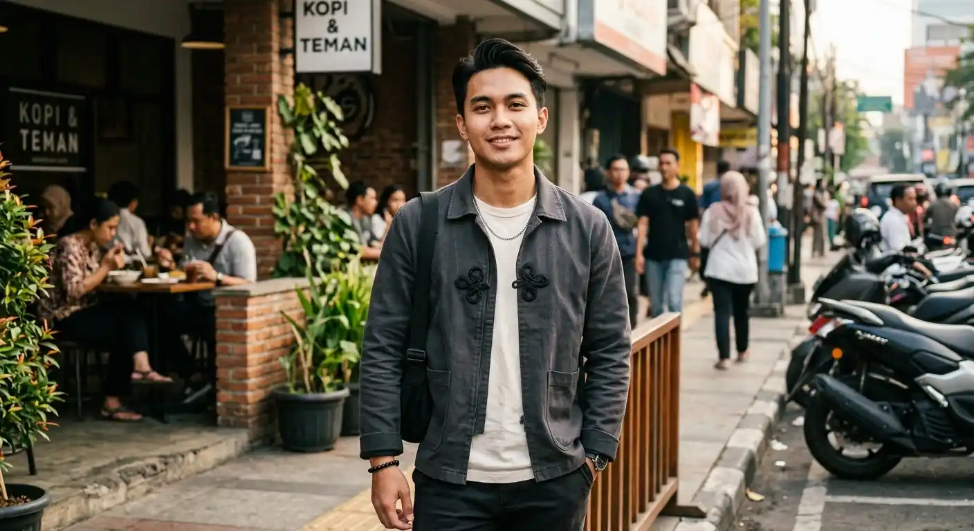 Pria memakai jaket dengan detail Chinese knot yang terlihat jelas di bagian depan.