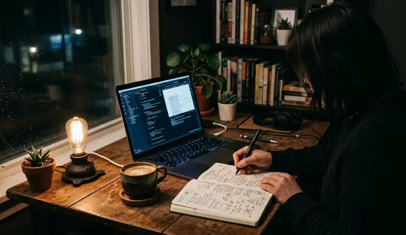Laptop and coffee on desk in low light creative workspace.