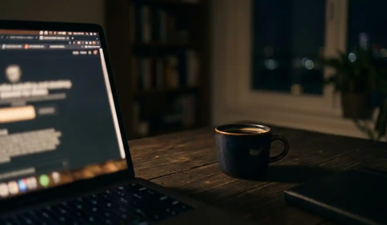 Single coffee cup on a desk at night lit by a laptop screen.
