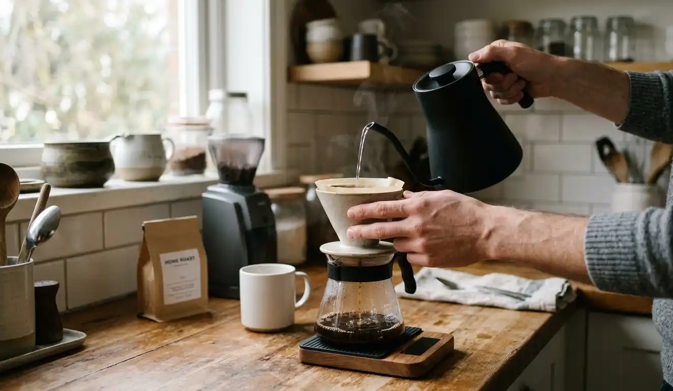 Single person preparing coffee at home with natural light.